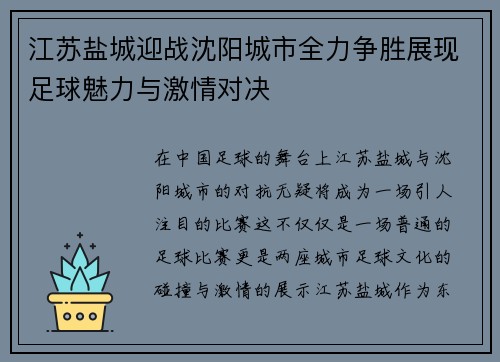 江苏盐城迎战沈阳城市全力争胜展现足球魅力与激情对决