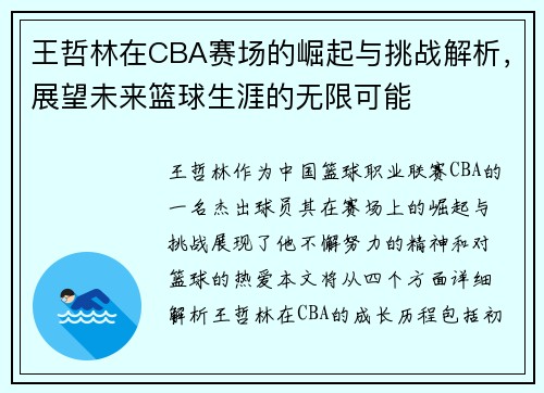王哲林在CBA赛场的崛起与挑战解析，展望未来篮球生涯的无限可能